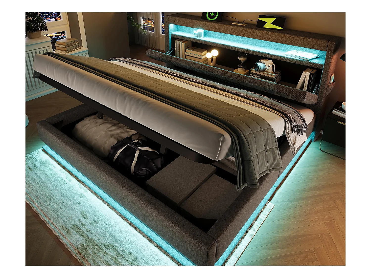 Lit coffre capitonné 180x200cm - avec LED - avec ports USB et Type-C - tissu en Lin - tête de lit avec espace de rangement - Gris