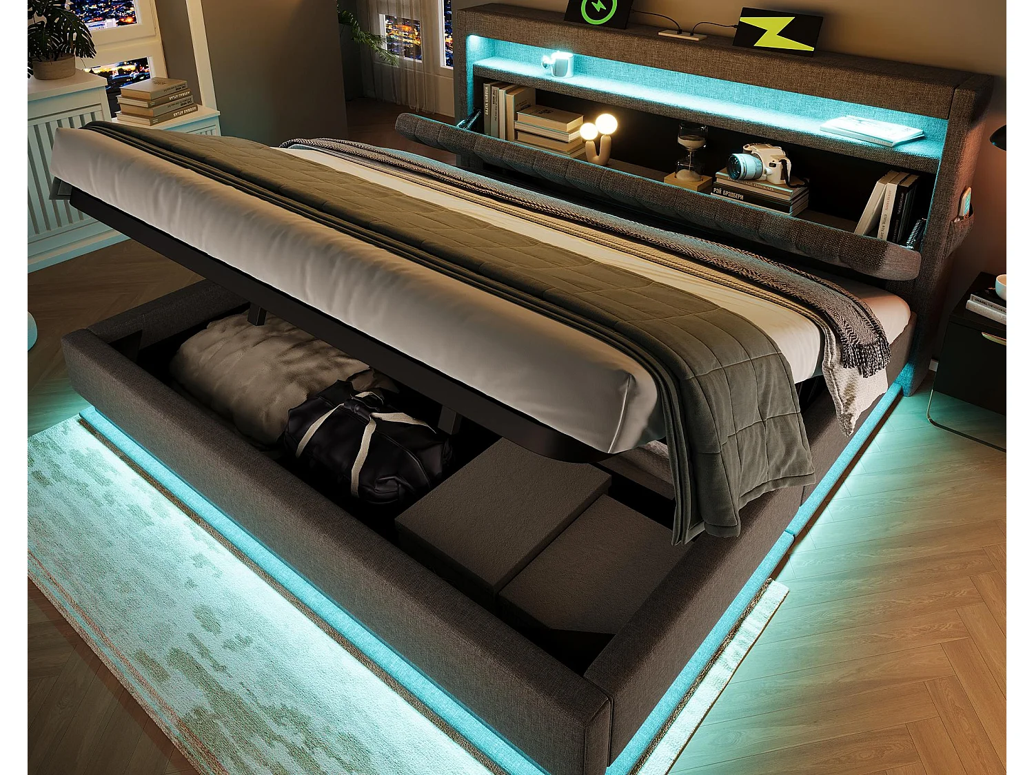 Cama baú estofada 180x200 cm - com LED - com portas USB e Type-C - Tecido de linho - Cabeceira com espaço de armazenamento - Cinza