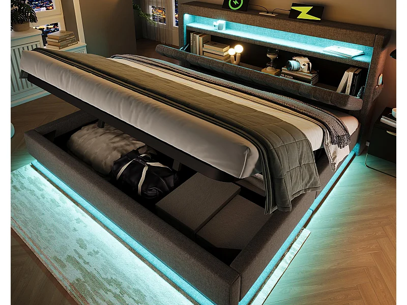 Cama baú estofada 180x200 cm - com LED - com portas USB e Type-C - Tecido de linho - Cabeceira com espaço de armazenamento - Cinza