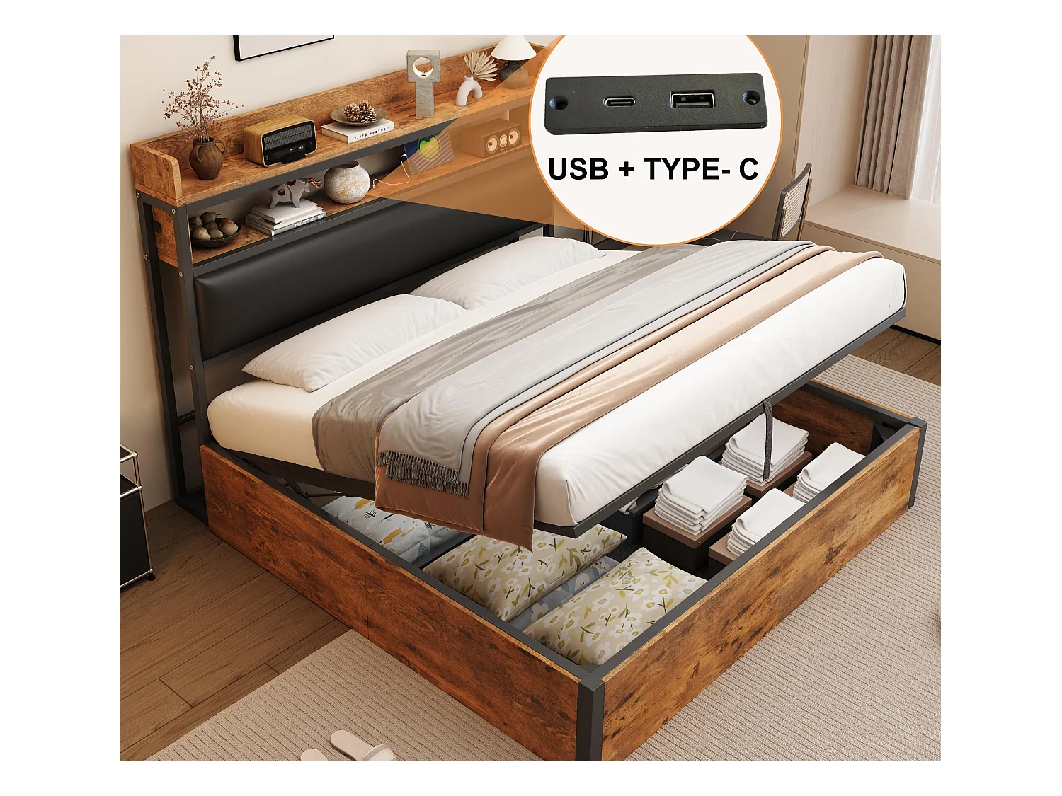 Lit de rangement 180x200 cm - avec port USB et étagères - noir (matelas non inclus)