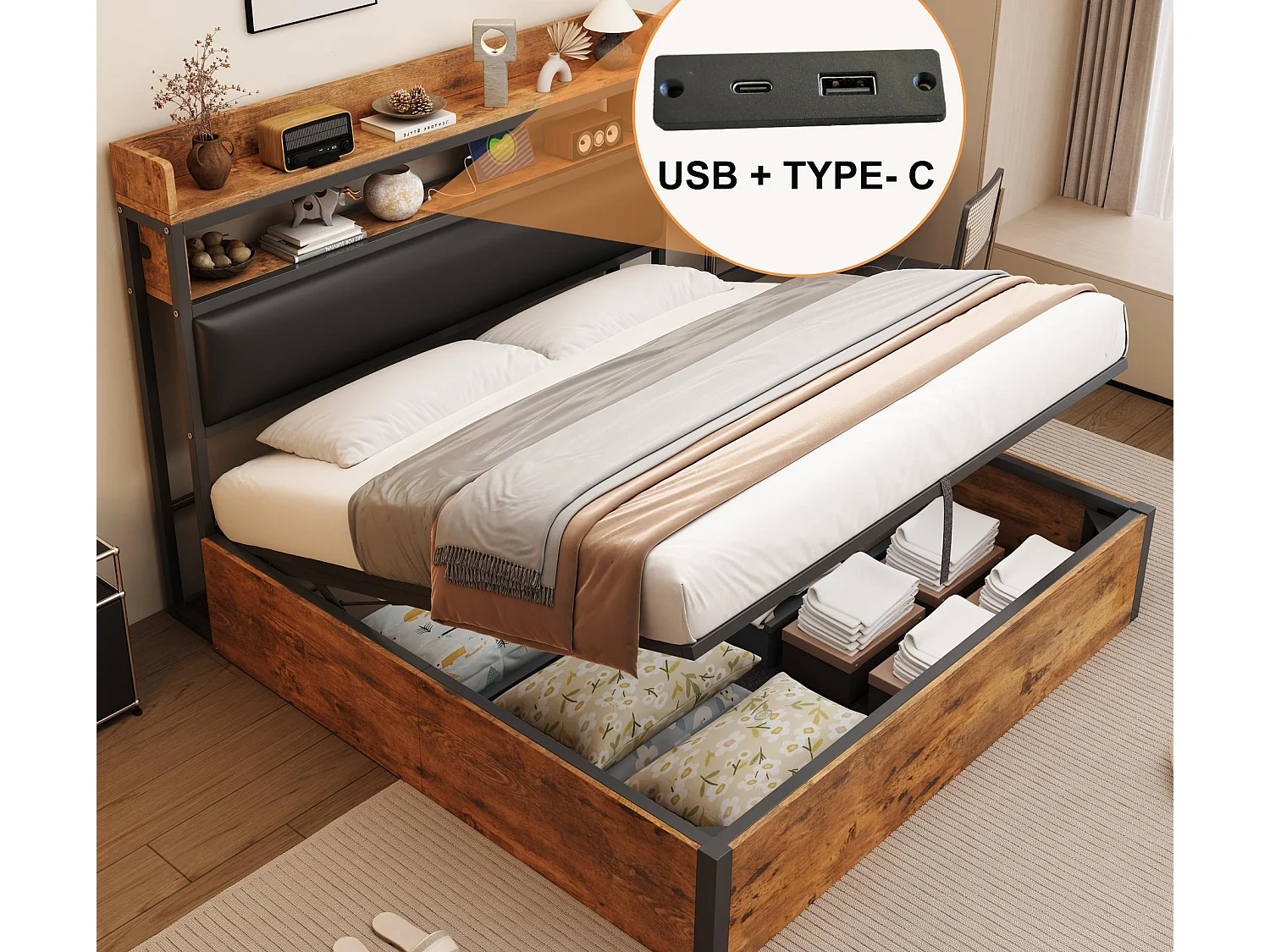 Cama com armazenamento 180x200 cm - com porta USB e prateleiras - preto (colchão não incluído)