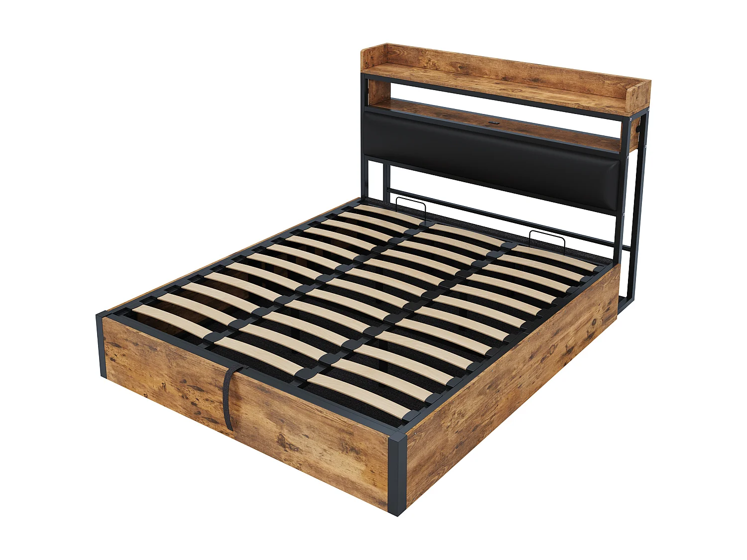 Cama com armazenamento 180x200 cm - com porta USB e prateleiras - preto (colchão não incluído)