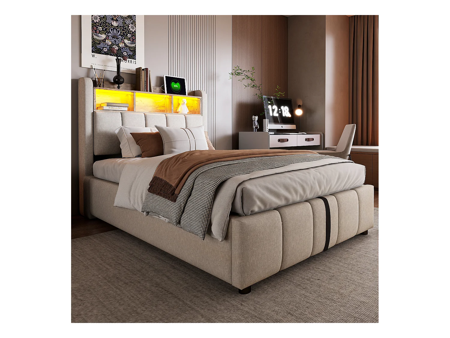 Lit coffre capitonné - 90 x 200 cm - avec Leds + port USB + tête de lit avec étagères de rangements - lin + métal + contreplaqué + MDF - beige