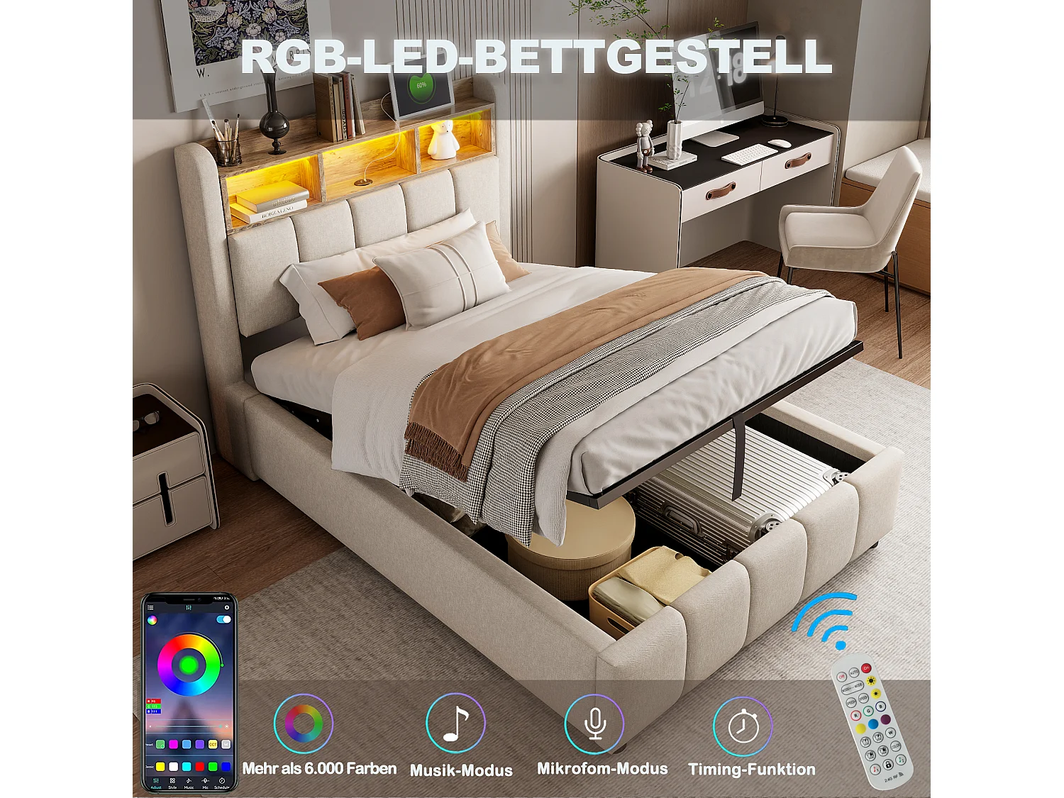 Gepolstertes Bett mit Stauraum – 90 x 200 cm – mit LED-Beleuchtung + USB-Anschluss + Kopfteil mit Ablagefächern – Leinen + Metall + Sperrholz + MDF – Beige