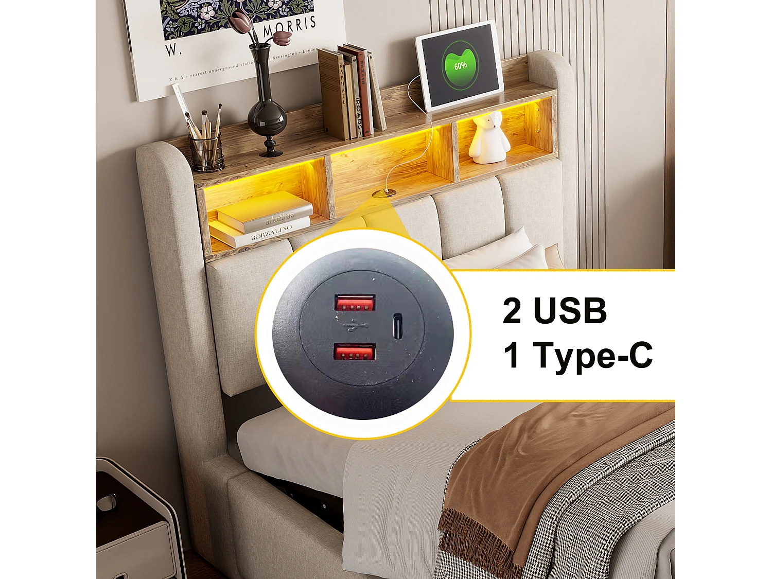 Gepolstertes Bett mit Stauraum – 90 x 200 cm – mit LED-Beleuchtung + USB-Anschluss + Kopfteil mit Ablagefächern – Leinen + Metall + Sperrholz + MDF – Beige