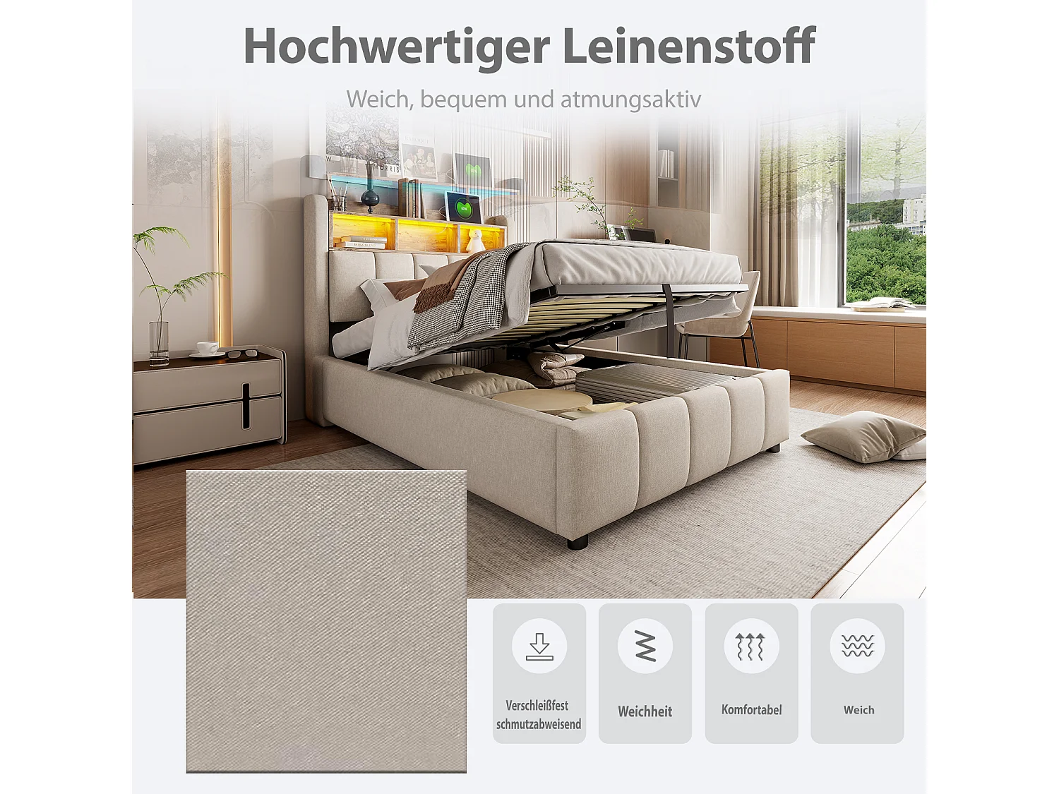 Gepolstertes Bett mit Stauraum – 90 x 200 cm – mit LED-Beleuchtung + USB-Anschluss + Kopfteil mit Ablagefächern – Leinen + Metall + Sperrholz + MDF – Beige