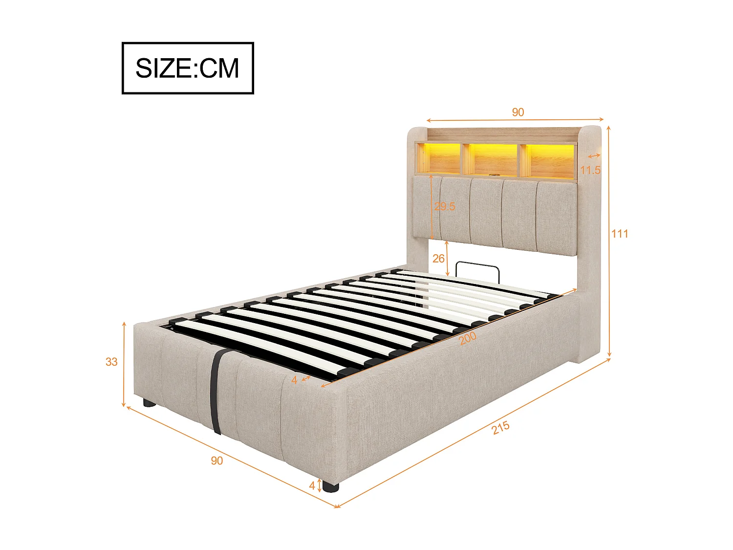 Gepolstertes Bett mit Stauraum – 90 x 200 cm – mit LED-Beleuchtung + USB-Anschluss + Kopfteil mit Ablagefächern – Leinen + Metall + Sperrholz + MDF – Beige