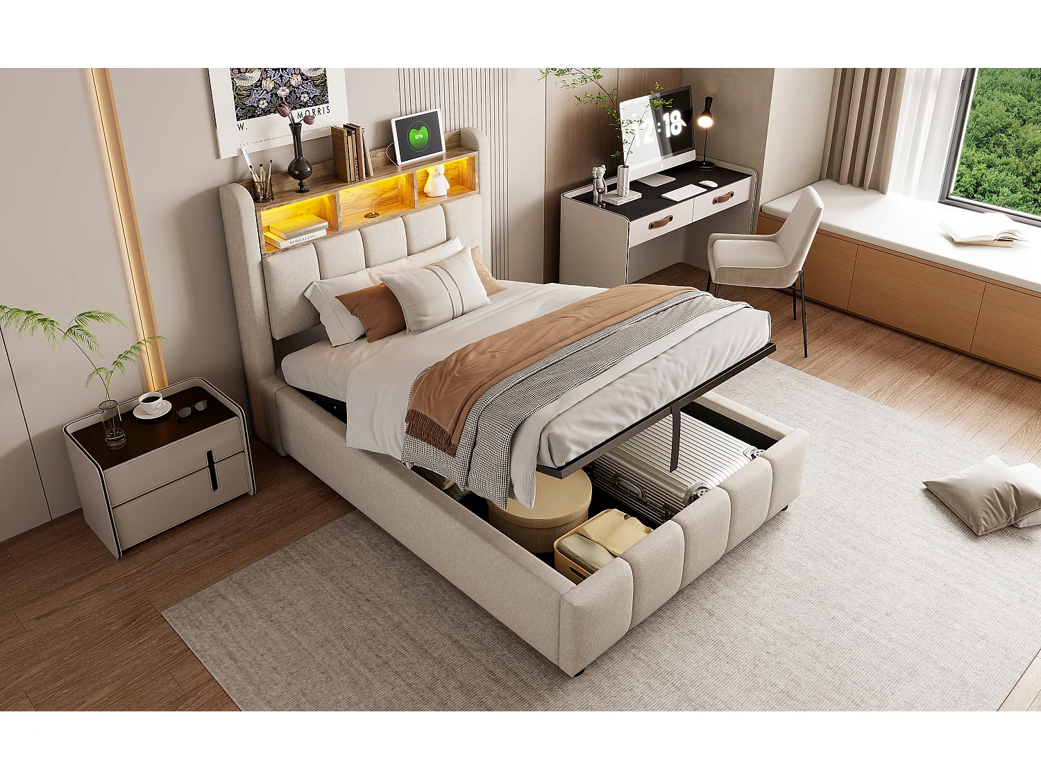 Gepolstertes Bett mit Stauraum – 90 x 200 cm – mit LED-Beleuchtung + USB-Anschluss + Kopfteil mit Ablagefächern – Leinen + Metall + Sperrholz + MDF – Beige