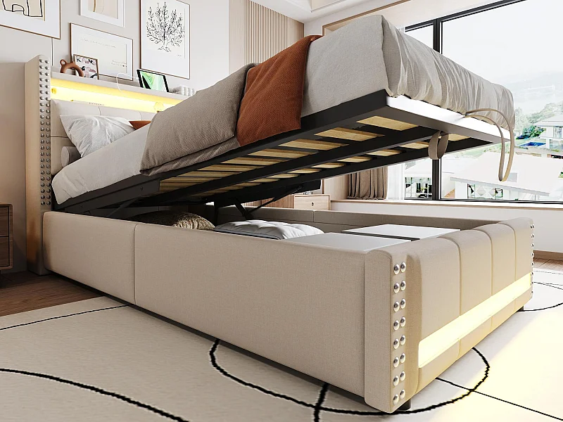 Cama con almacenamiento acolchada 90x200 cm - con iluminación LED - con puerto USB - lino - beige (colchón no incluido)