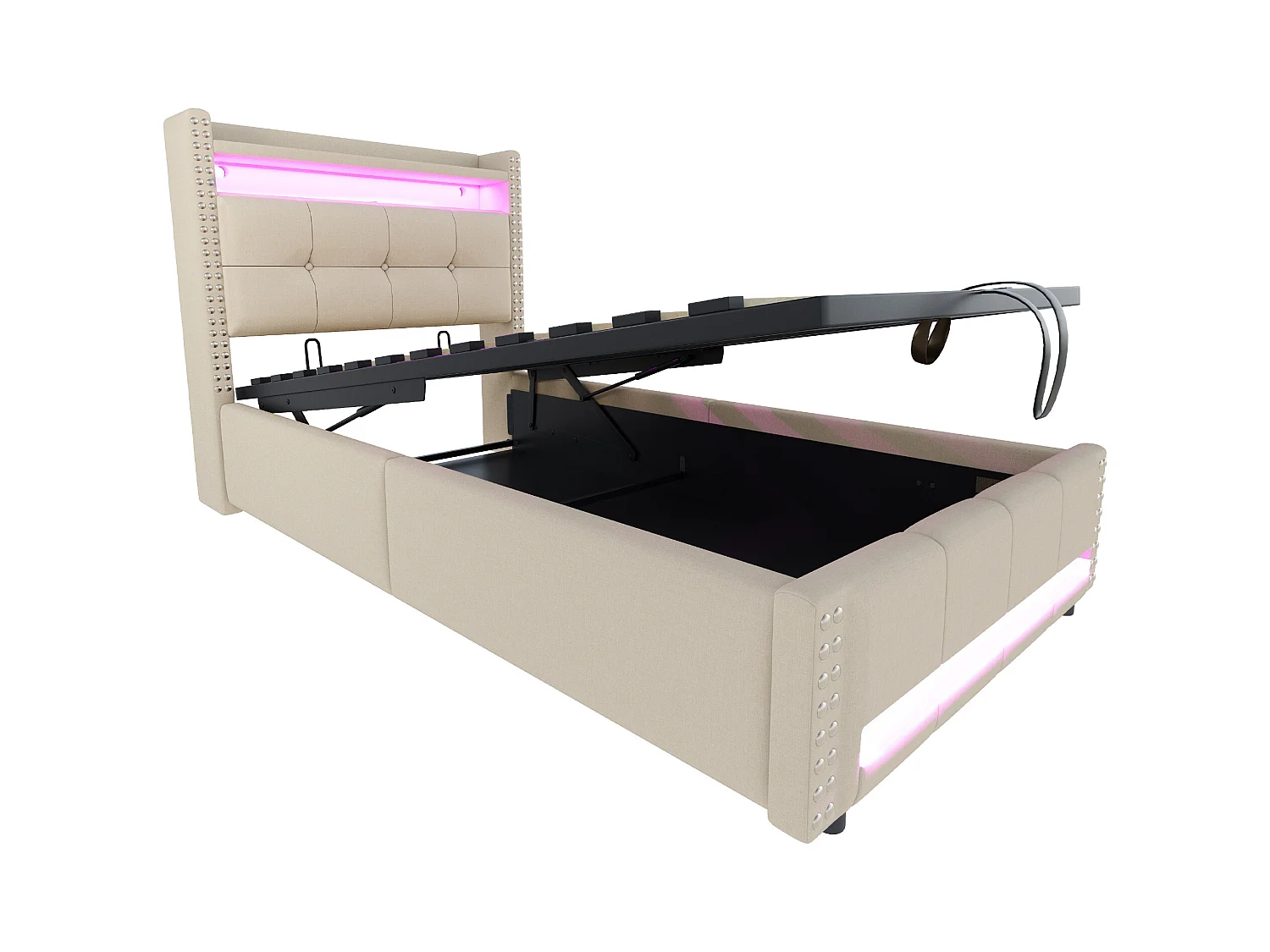 Lit coffre rembourré 90x200 cm - avec éclairage LED - avec USB - lin - beige (matelas non inclus)