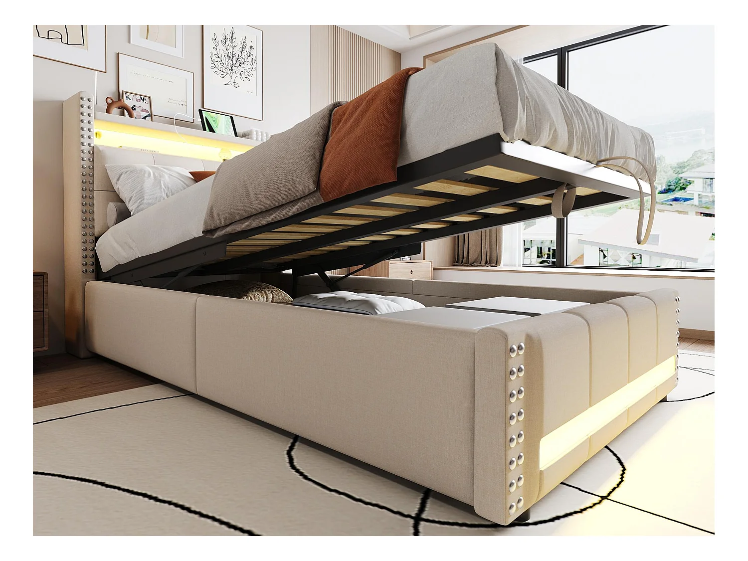 Lit coffre rembourré 90x200 cm - avec éclairage LED - avec USB - lin - beige (matelas non inclus)