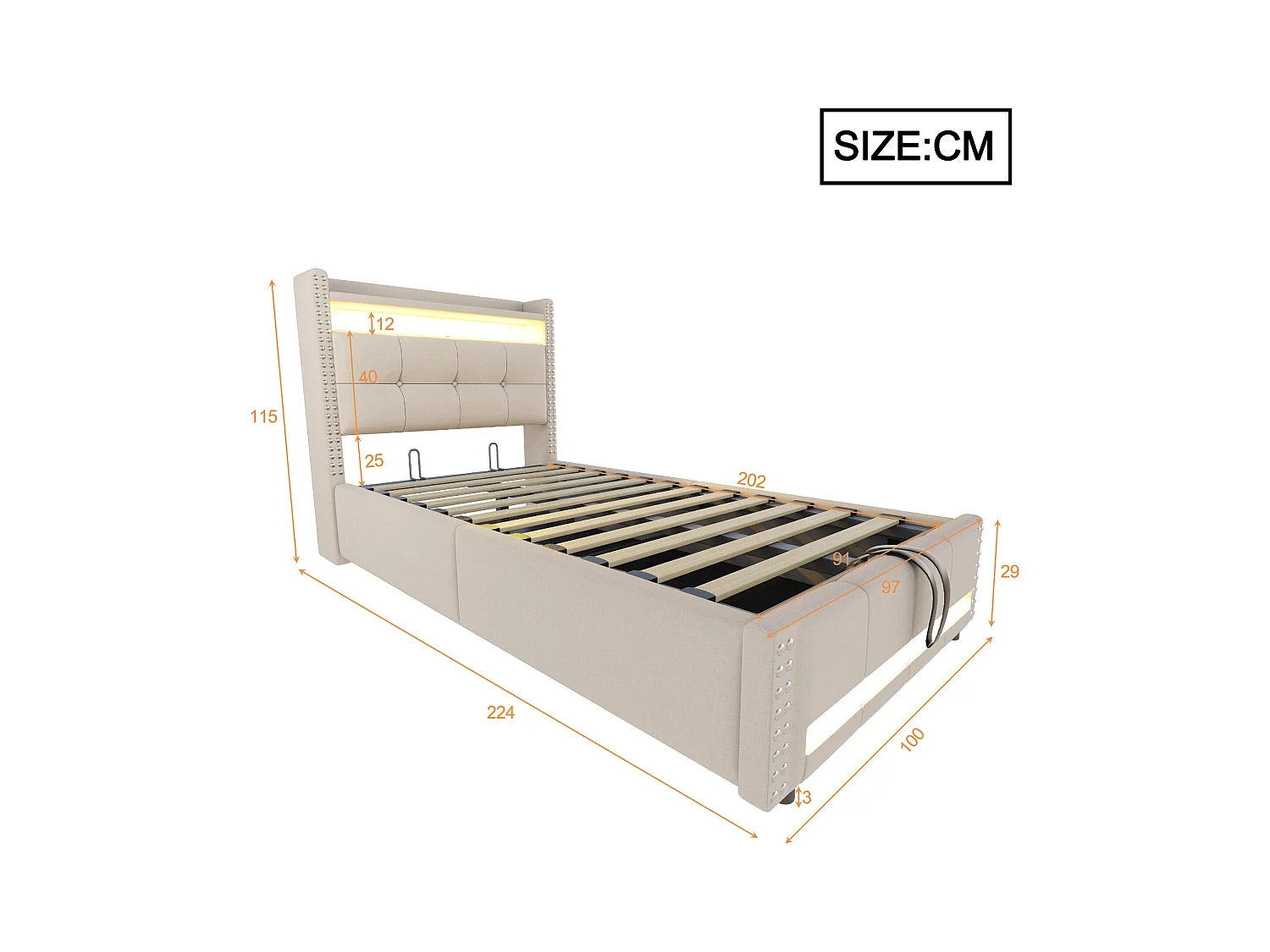 Lit coffre rembourré 90x200 cm - avec éclairage LED - avec USB - lin - beige (matelas non inclus)