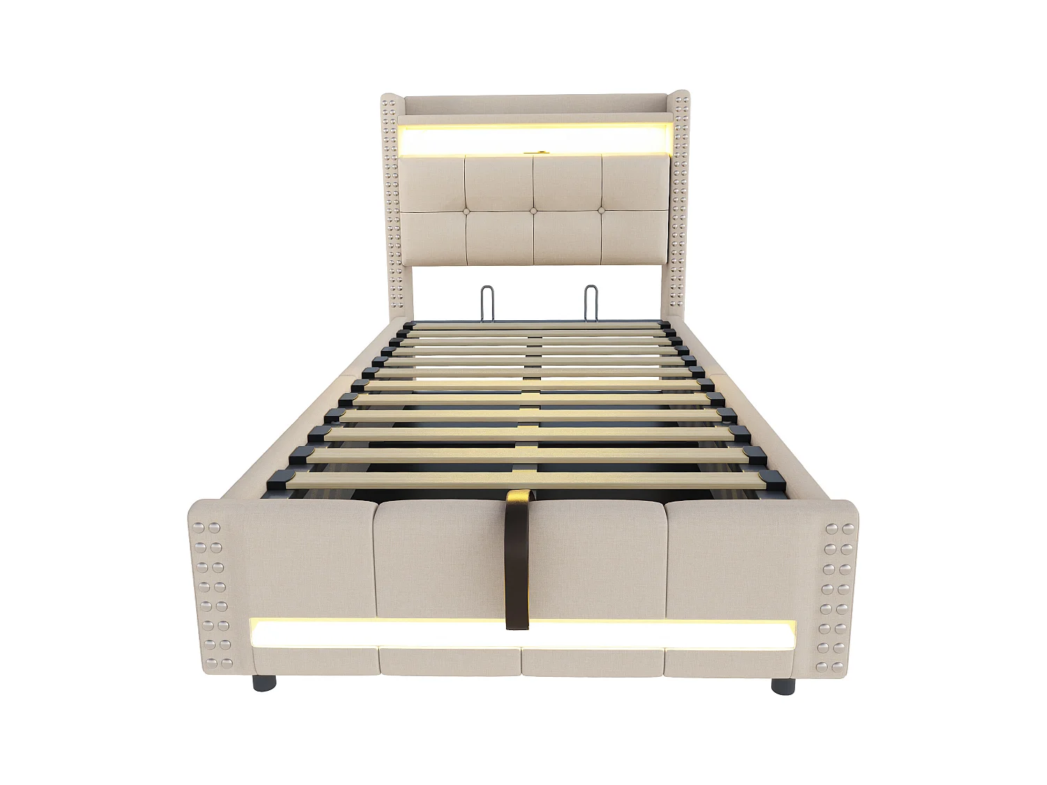 Lit coffre rembourré 90x200 cm - avec éclairage LED - avec USB - lin - beige (matelas non inclus)