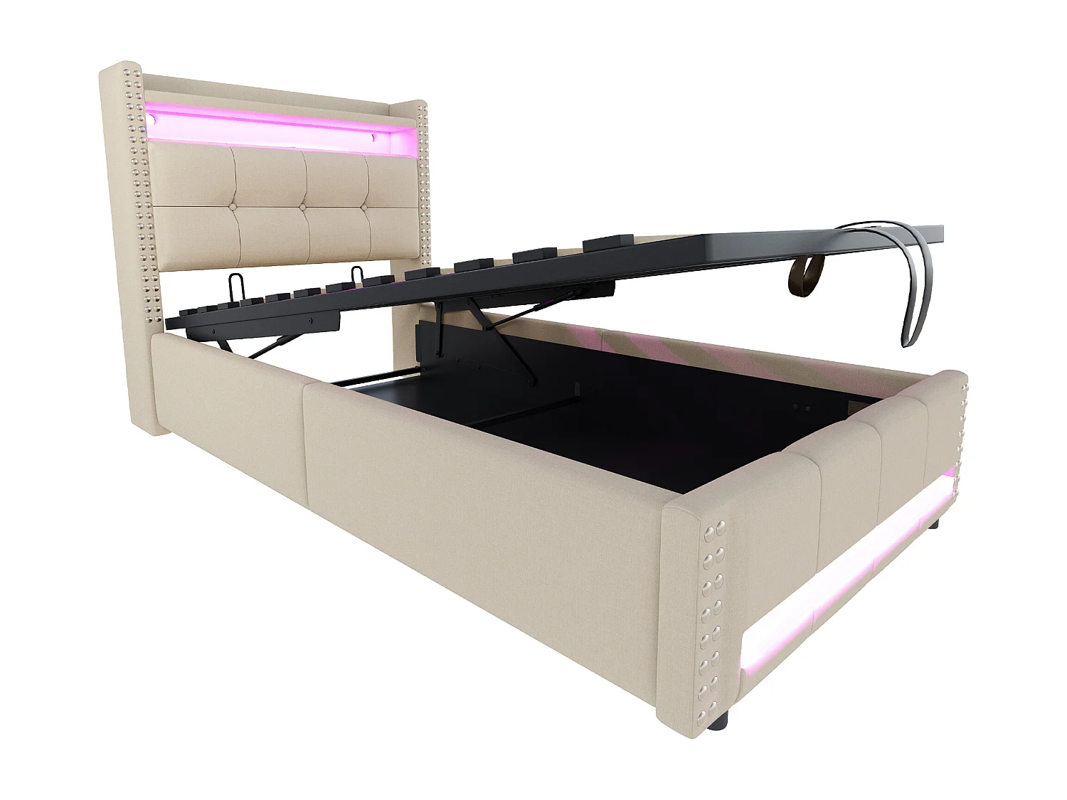Lit coffre rembourré 90x200 cm - avec éclairage LED - avec USB - lin - beige (matelas non inclus)