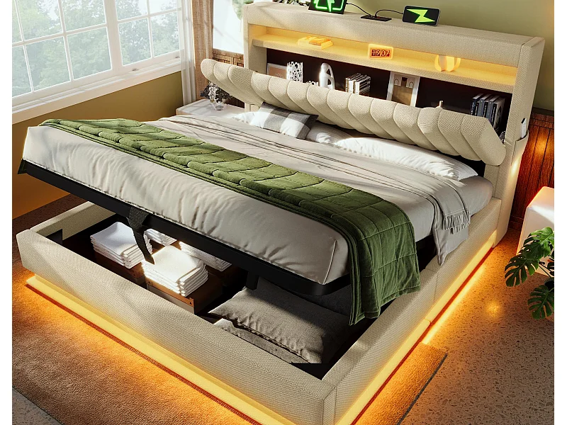 Gestoffeerd opbergbed 180x200 cm - met LED - met USB- en Type-C-poorten - Linnenstof - Hoofdeinde met opbergruimte - Beige