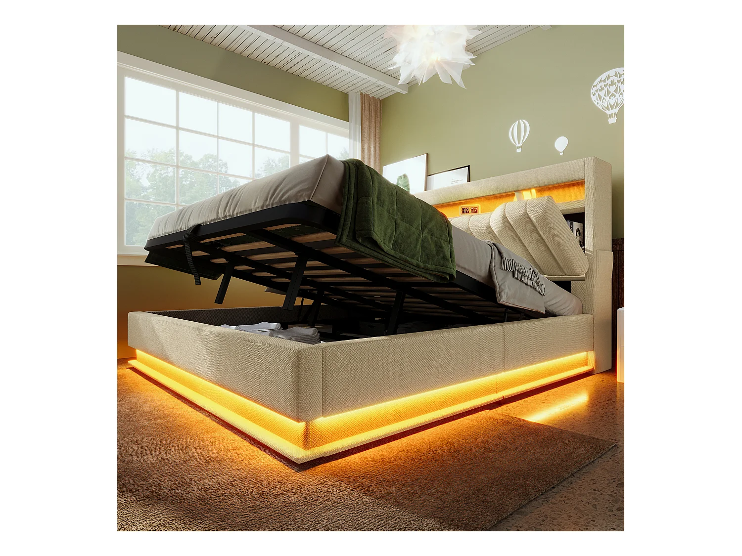 Lit coffre capitonné 180x200cm - avec LED - avec ports USB et Type-C - tissu en Lin - tête de lit avec espace de rangement - Beige