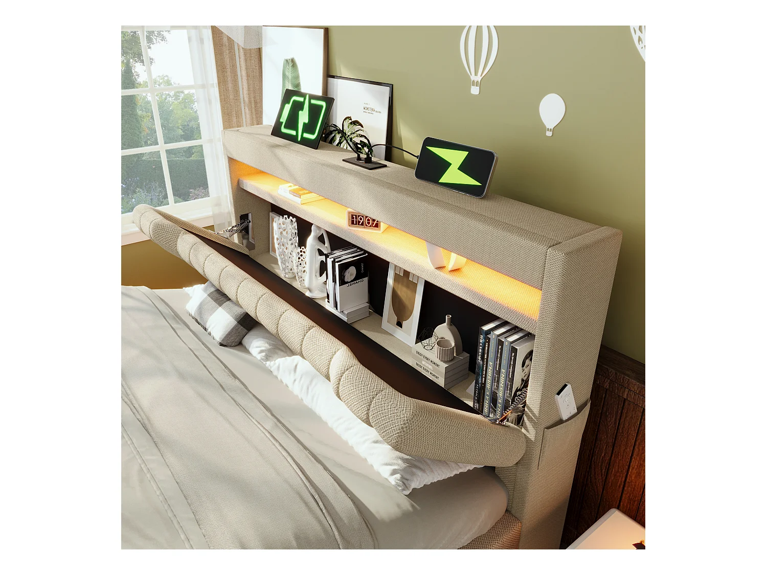 Lit coffre capitonné 180x200cm - avec LED - avec ports USB et Type-C - tissu en Lin - tête de lit avec espace de rangement - Beige