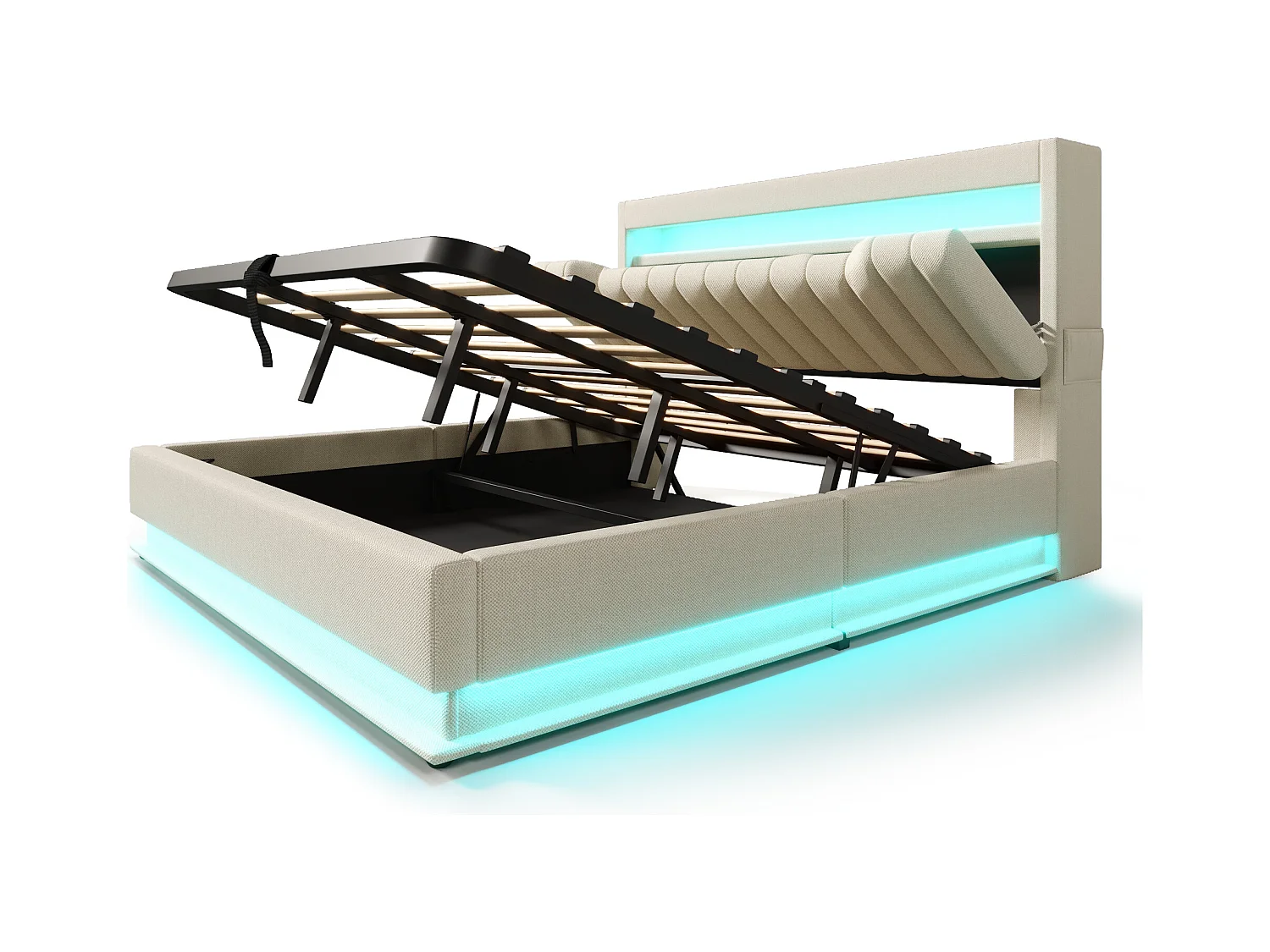 Lit coffre capitonné 180x200cm - avec LED - avec ports USB et Type-C - tissu en Lin - tête de lit avec espace de rangement - Beige