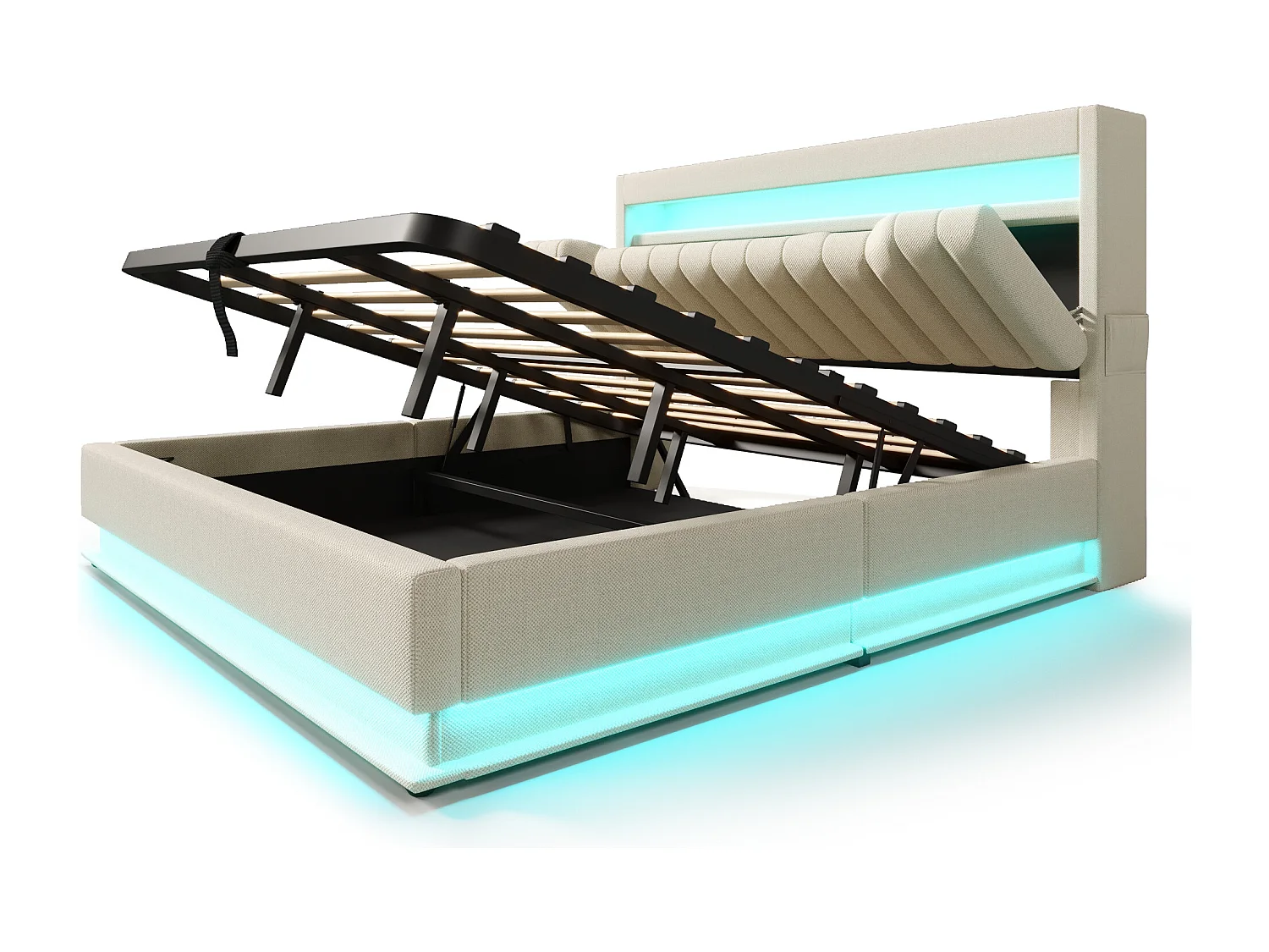 Lit coffre capitonné 180x200cm - avec LED - avec ports USB et Type-C - tissu en Lin - tête de lit avec espace de rangement - Beige