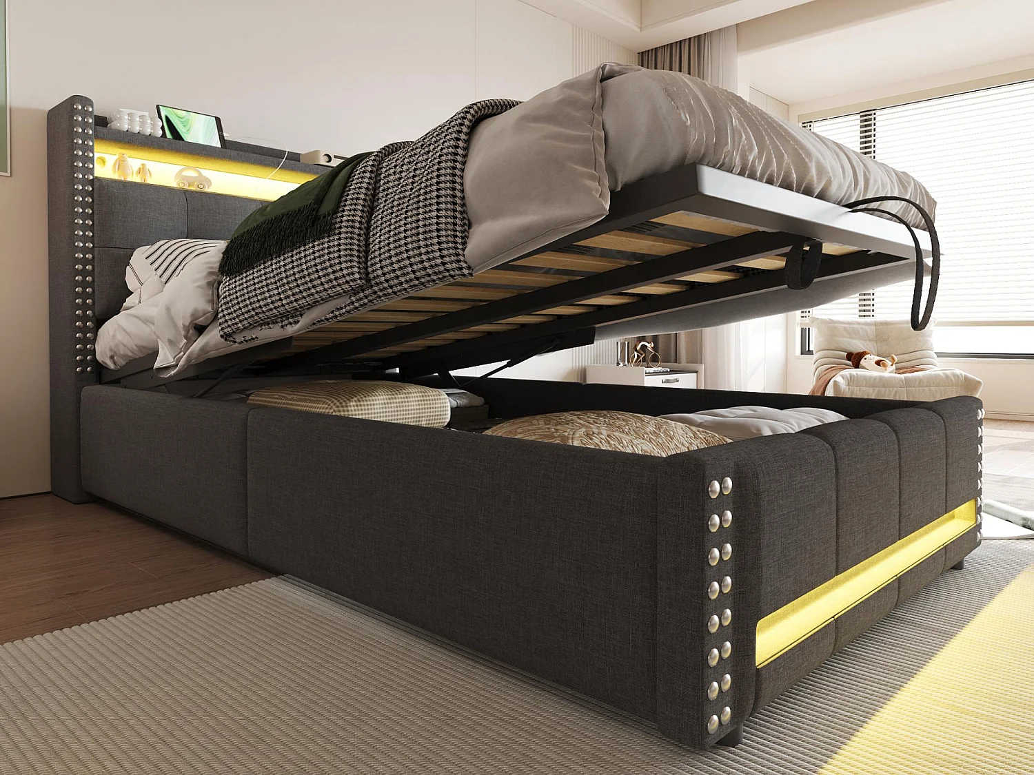 Lit coffre rembourré 90x200 cm - avec éclairage LED - avec USB - lin - gris (matelas non inclus)