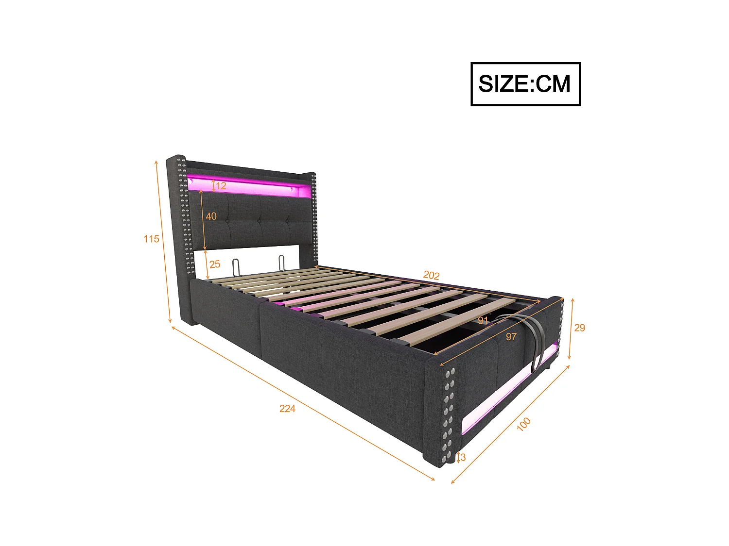 Lit coffre rembourré 90x200 cm - avec éclairage LED - avec USB - lin - gris (matelas non inclus)