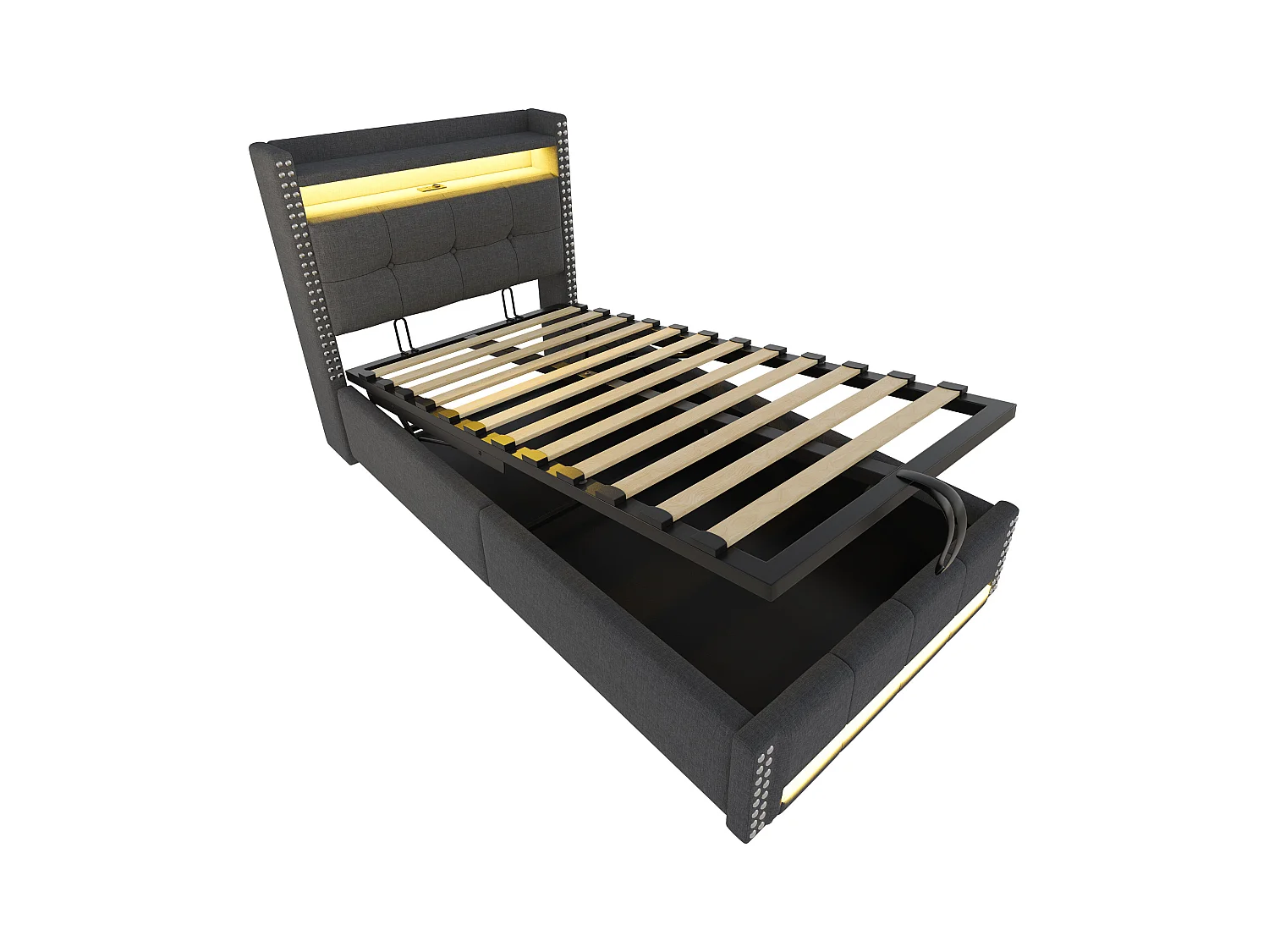 Lit coffre rembourré 90x200 cm - avec éclairage LED - avec USB - lin - gris (matelas non inclus)