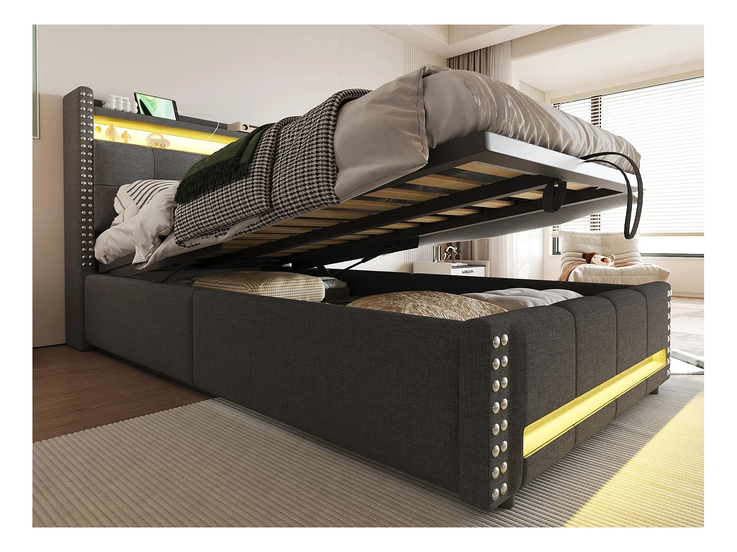 Lit coffre rembourré 90x200 cm - avec éclairage LED - avec USB - lin - gris (matelas non inclus)