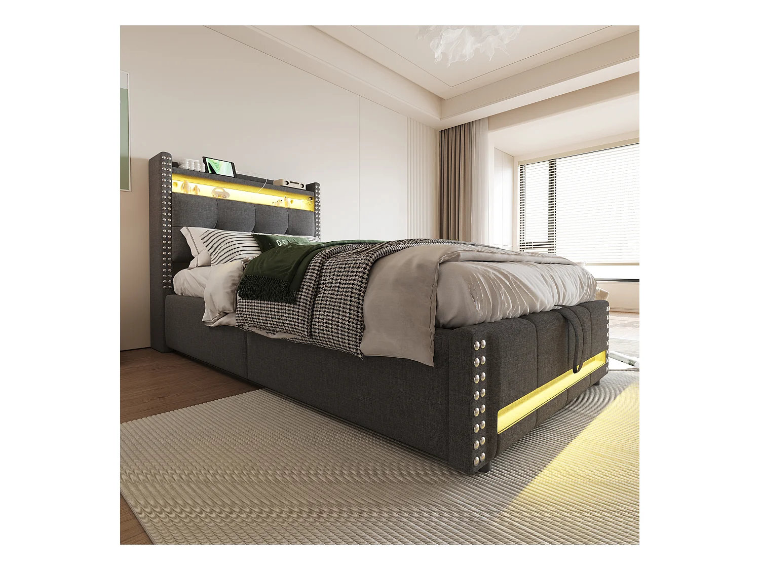 Lit coffre rembourré 90x200 cm - avec éclairage LED - avec USB - lin - gris (matelas non inclus)