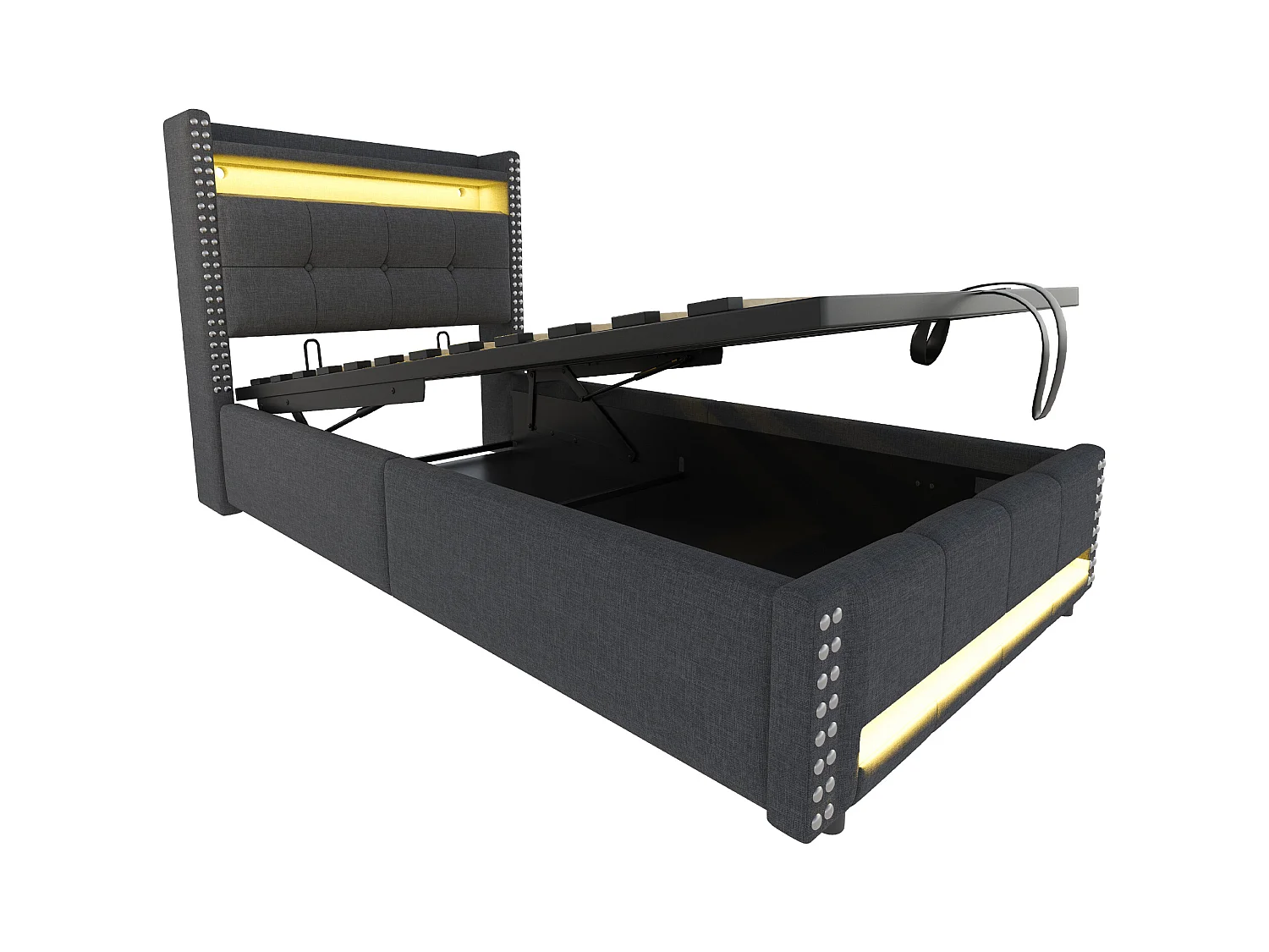 Lit coffre rembourré 90x200 cm - avec éclairage LED - avec USB - lin - gris (matelas non inclus)