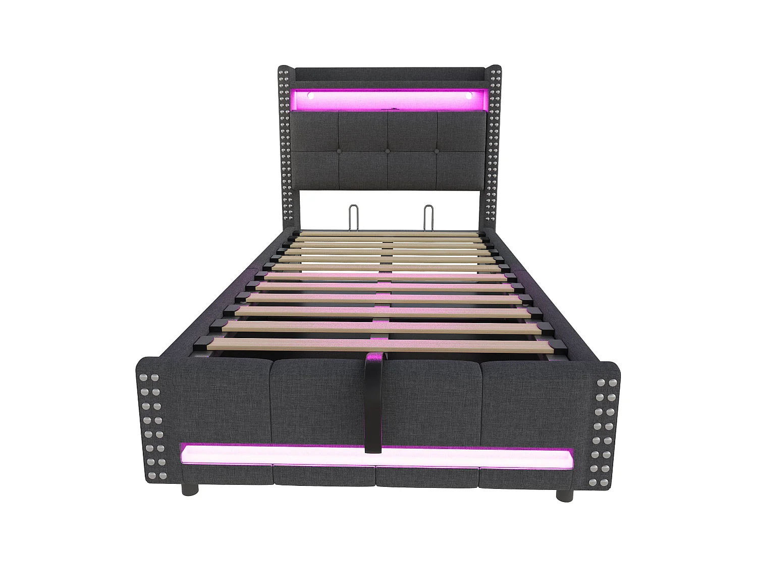 Lit coffre rembourré 90x200 cm - avec éclairage LED - avec USB - lin - gris (matelas non inclus)