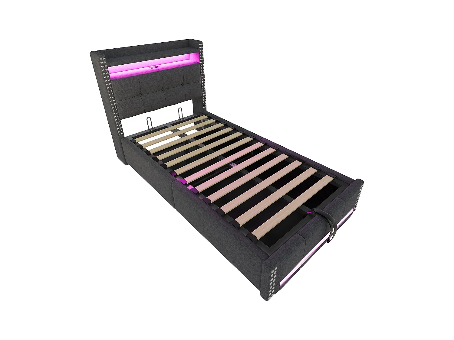 Lit coffre rembourré 90x200 cm - avec éclairage LED - avec USB - lin - gris (matelas non inclus)