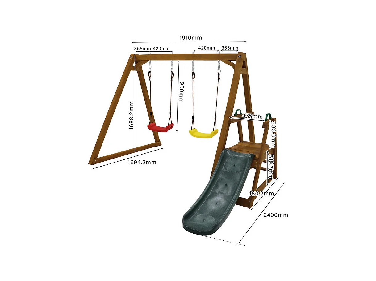 Balançoire pour enfants, avec toboggan et escalade, en bois massif, charge max 50kg, 239x240x169cm