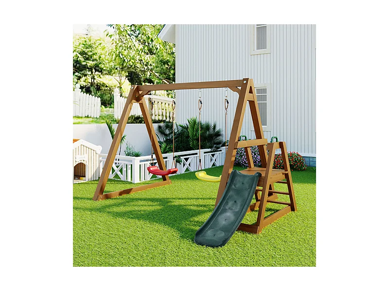 Balançoire pour enfants, avec toboggan et escalade, en bois massif, charge max 50kg, 239x240x169cm