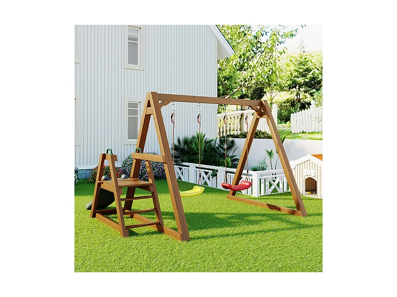 Balançoire pour enfants, avec toboggan et escalade, en bois massif, charge max 50kg, 239x240x169cm