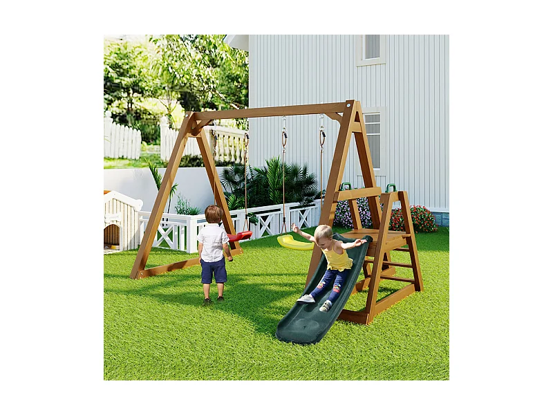 Balançoire pour enfants, avec toboggan et escalade, en bois massif, charge max 50kg, 239x240x169cm