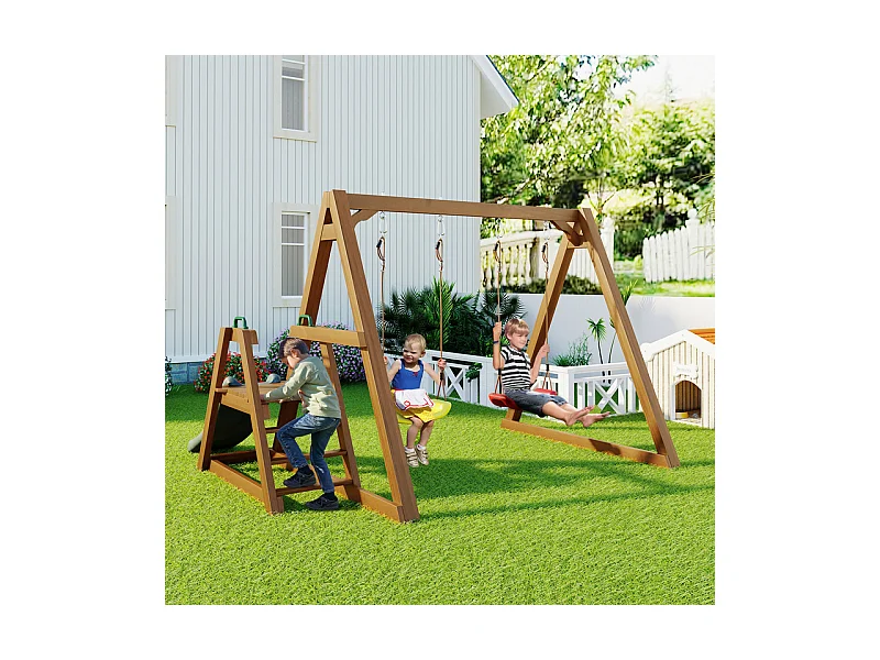 Balançoire pour enfants, avec toboggan et escalade, en bois massif, charge max 50kg, 239x240x169cm
