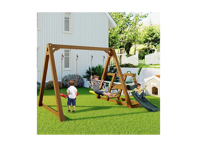 Balançoire pour enfants, avec toboggan et escalade, en bois massif, charge max 50kg, 239x240x169cm
