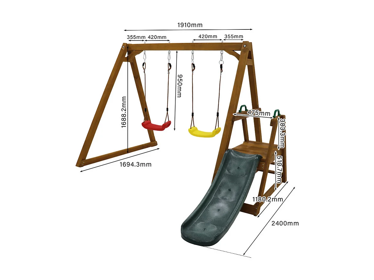 Balançoire pour enfants, avec toboggan et escalade, en bois massif, charge max 50kg, 239x240x169cm