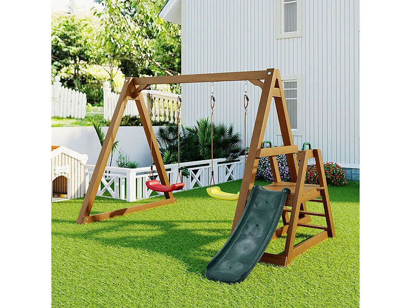 Balançoire pour enfants, avec toboggan et escalade, en bois massif, charge max 50kg, 239x240x169cm
