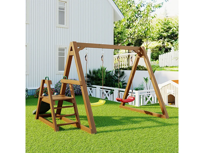 Balançoire pour enfants, avec toboggan et escalade, en bois massif, charge max 50kg, 239x240x169cm