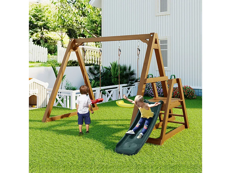 Balançoire pour enfants, avec toboggan et escalade, en bois massif, charge max 50kg, 239x240x169cm