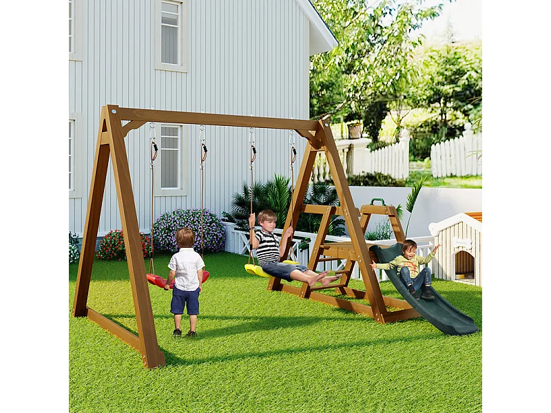 Balançoire pour enfants, avec toboggan et escalade, en bois massif, charge max 50kg, 239x240x169cm