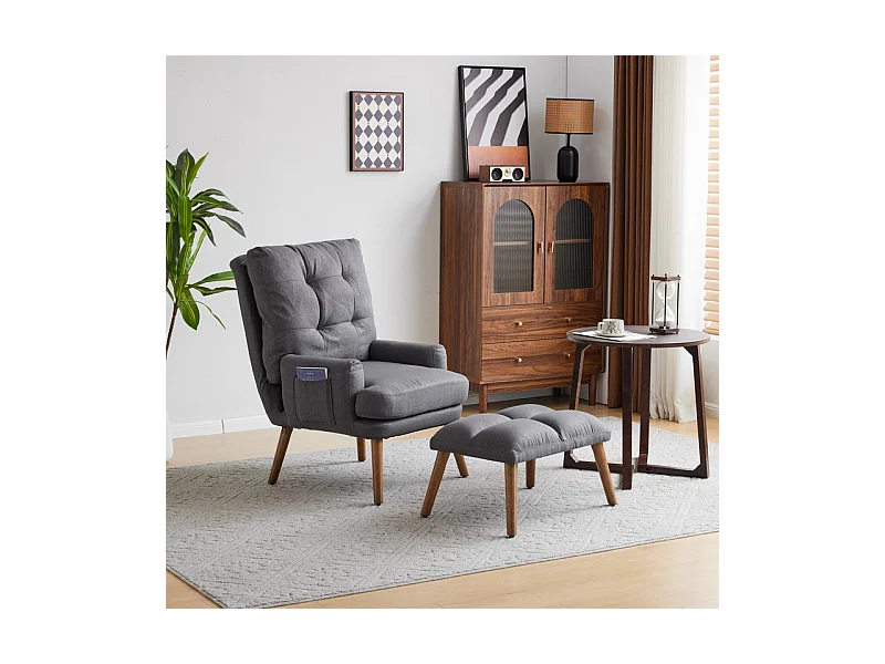 Fauteuil avec pouf en tissu gris - 5 niveau de dossier réglable - charge max 90kg - 65x50x96.5cm