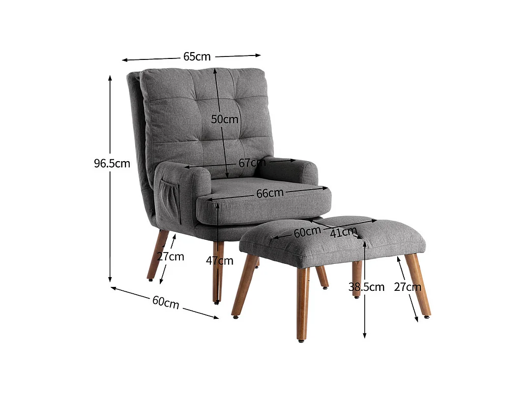 Fauteuil avec pouf en tissu gris - 5 niveau de dossier réglable - charge max 90kg - 65x50x96.5cm