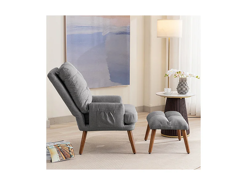 Fauteuil avec pouf en tissu gris - 5 niveau de dossier réglable - charge max 90kg - 65x50x96.5cm