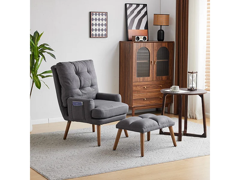 Fauteuil avec pouf en tissu gris - 5 niveau de dossier réglable - charge max 90kg - 65x50x96.5cm