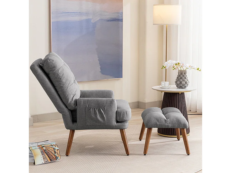 Fauteuil avec pouf en tissu gris - 5 niveau de dossier réglable - charge max 90kg - 65x50x96.5cm