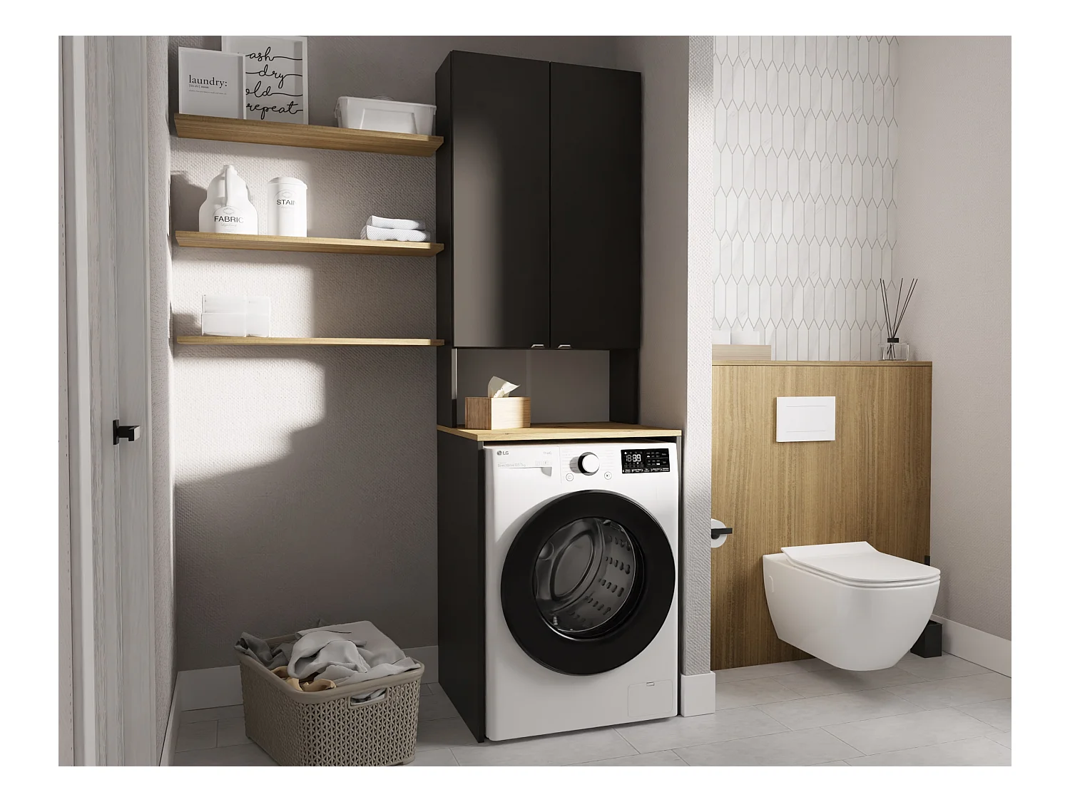 Armoire Haute LORA pour Lave-linge & Sèche-linge - 210x65x56/25 cm - Anthracite/Artisan