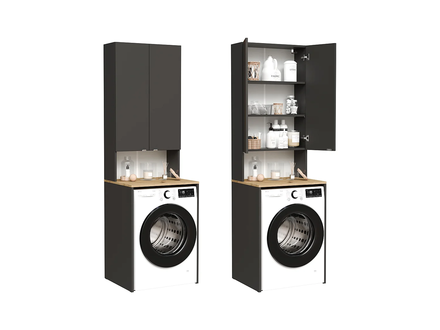 Armoire Haute LORA pour Lave-linge & Sèche-linge - 210x65x56/25 cm - Anthracite/Artisan