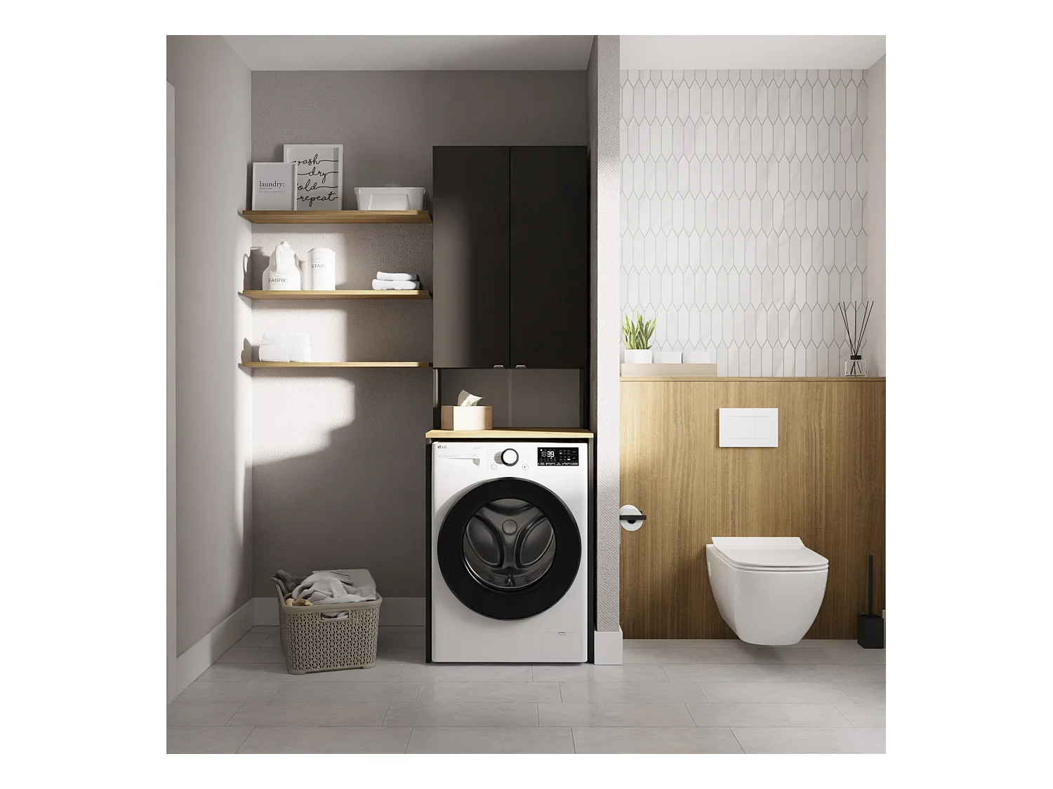 Armoire Haute LORA pour Lave-linge & Sèche-linge - 210x65x56/25 cm - Anthracite/Artisan